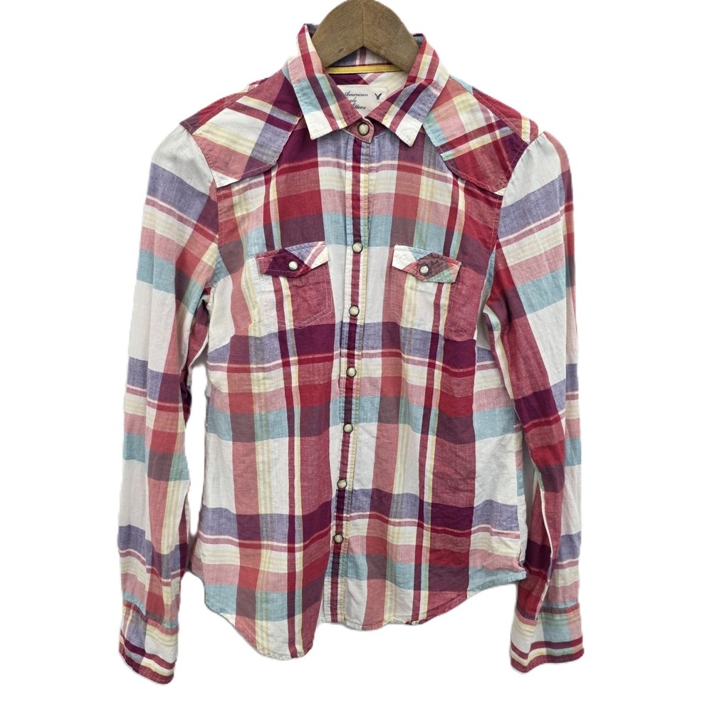 American Eagle Womens M Plaid Snap Button Shirt Cotton Linen Long Sleeve Western
